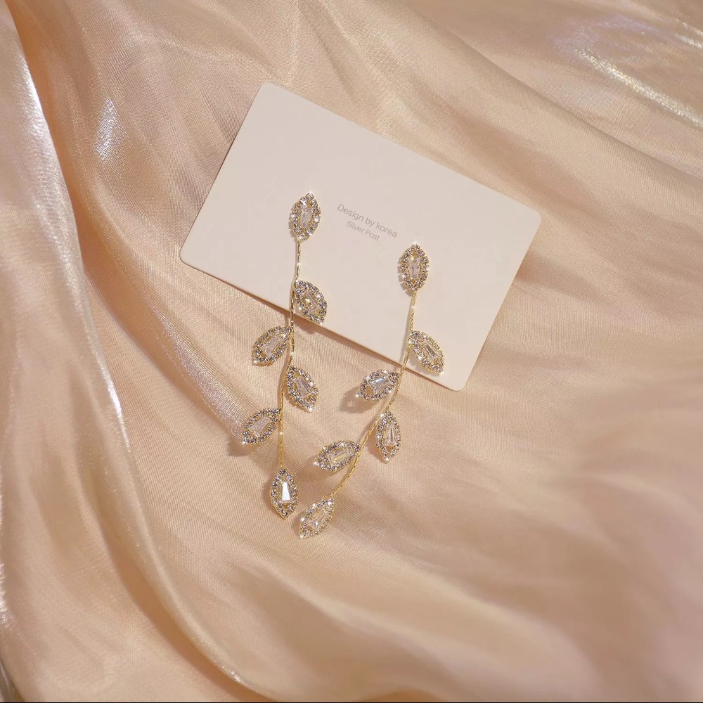 Real Gold Plated 14k Leaves Earring Delicate Cz